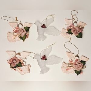 Vintage Angel & Dove Ornament Set Pink Roses Gold Accents Shabby Chic